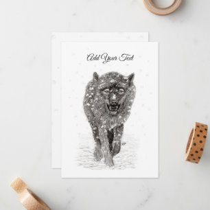 Cartão De Notas Lobo Preto Irritado na Neve, Inverno Selvagem