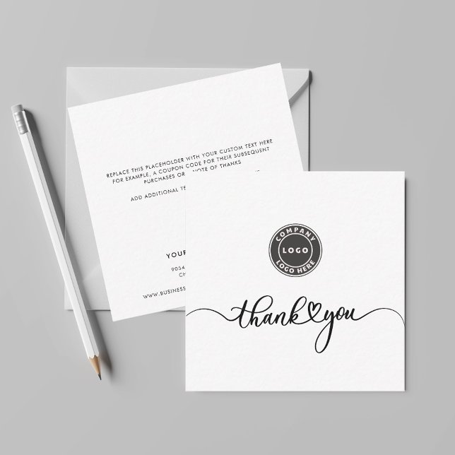Cartão De Notas Logotipo personalizado simples e agradecimentos co (Business Logo Script Mini Square Thank You Note Card)