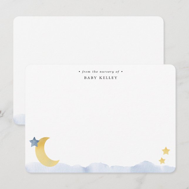 Cartão De Notas Lua e Estrelas, Personalizado Flat Aquarela Azul (Frente/Verso)