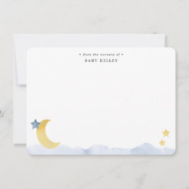 Cartão De Notas Lua e Estrelas, Personalizado Flat Aquarela Azul