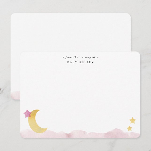 Cartão De Notas Lua e Estrelas, Personalizado Rosa em Aquarela (Frente/Verso)