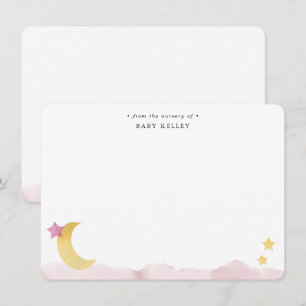 Cartão De Notas Lua e Estrelas, Personalizado Rosa em Aquarela