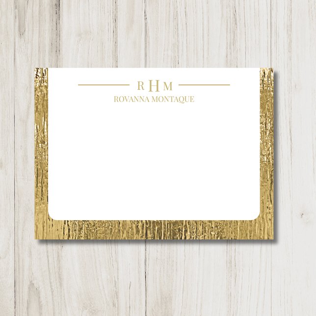 Cartão De Notas Luxury Gold Texture Lined Name Three Monogram (Criador carregado)
