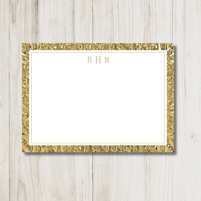 Cartão De Notas Luxury Gold Texture Two Border Three Monogram (Criador carregado)