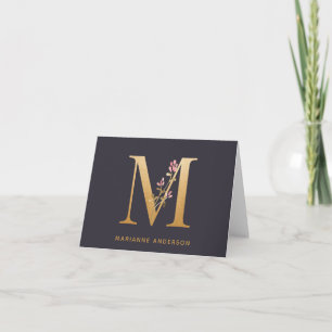 Cartão De Notas M Monograma Floral Dourado Elegante Personalizado