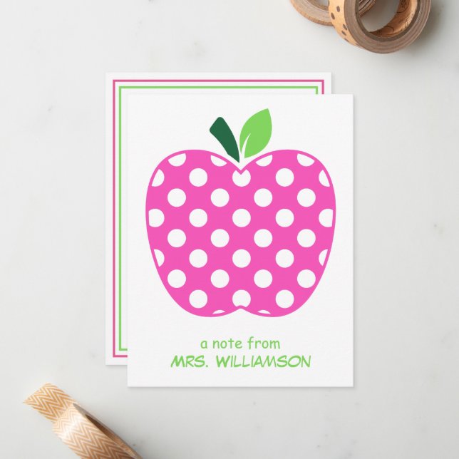 Cartão De Notas Maçã de Professor com Pontinhos Rosa e Verde (Frente/Verso In Situ)