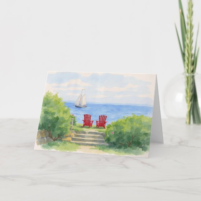 Cartão De Notas Maine Watercolor Red Adirondack Chairs Seaside (Frente)