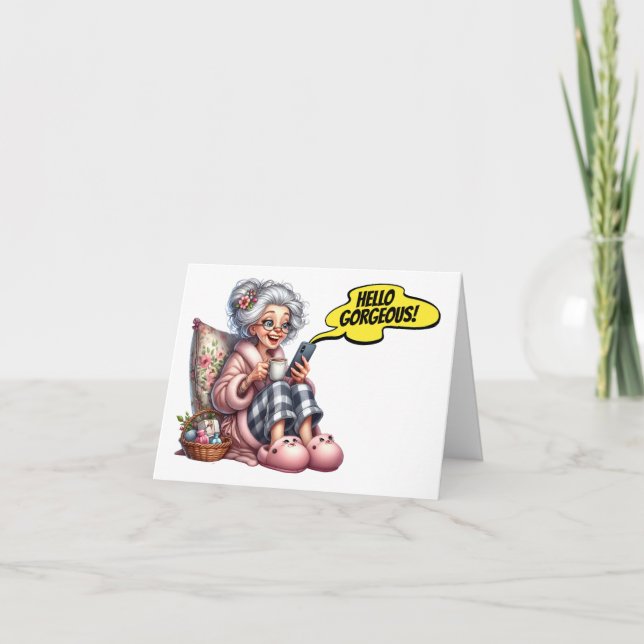 Cartão De Notas Mais velho divertido com café e telefone celular (Frente)