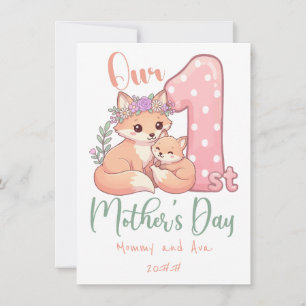 Cartão De Notas Mamãe e Bebê Raposa Rosa 1º Dia das Mães