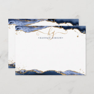 Cartão De Notas Marinho Azul Agate Monograma Rico Script Dourado G