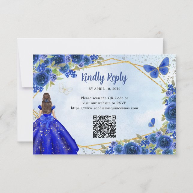 Cartão De Notas Marinho Azul Dourada Princesa Floral QR RSVP (Frente)