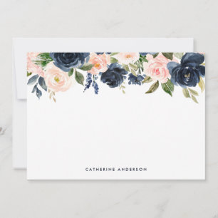 Cartão De Notas Marinho Azul e Flores de Aquarela com Blush
