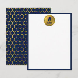 Cartão De Notas Marinho Azul e Hexágono Dourado Monograma Padrão