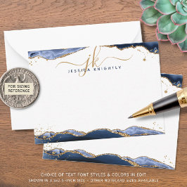 Cartão De Notas Marinho Blue Agate Geode Script Monograma Dourado 