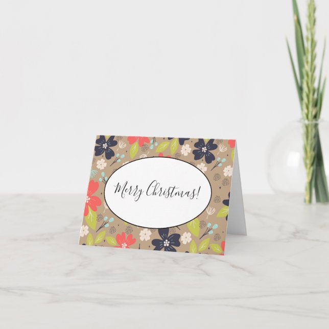 Cartão De Notas Marinho Branco de Poinsettia de Natal desenhado (Frente)