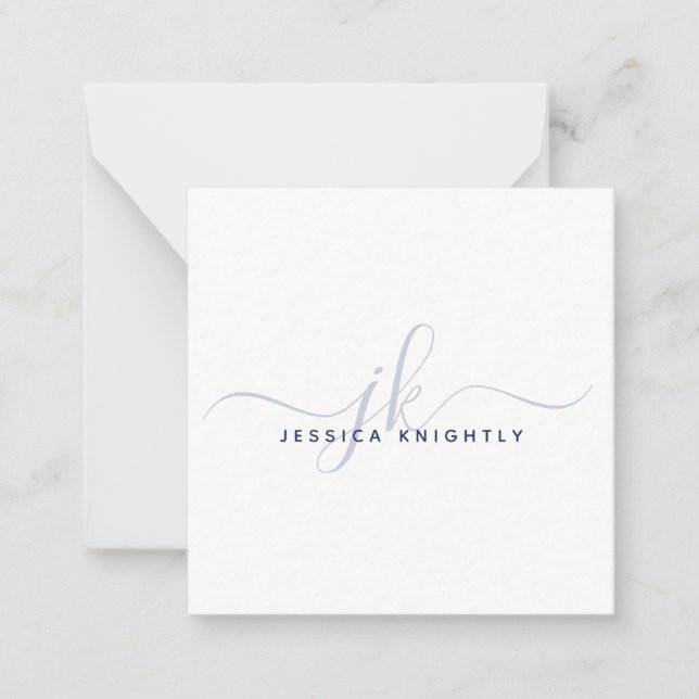 Cartão De Notas Marinho de Iniciais de Script Elegante do Monogram (Frente)