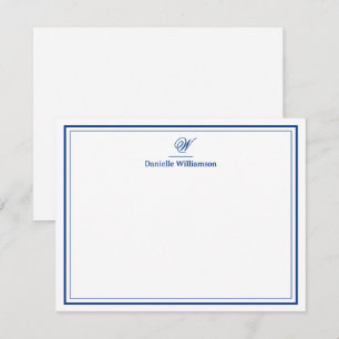 Cartão De Notas Marinho Elegante Monograma Azul Duplo Borda Flat