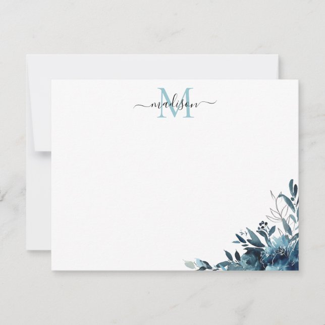 Cartão De Notas Marinho Floral Azul Rosa de Aquarela Monograma (Frente)