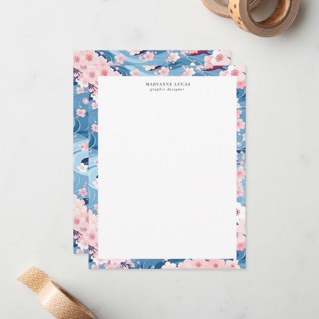 Cartão De Notas Marinho Waves Sakura Elegante Floral (Frente/Verso In Situ)