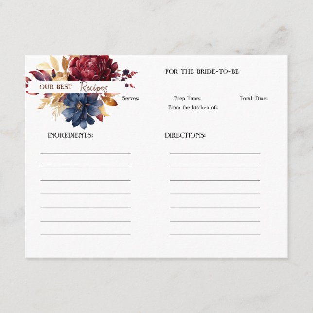 Cartão De Notas Maroon and Navy Floral Recipe Card (Frente)
