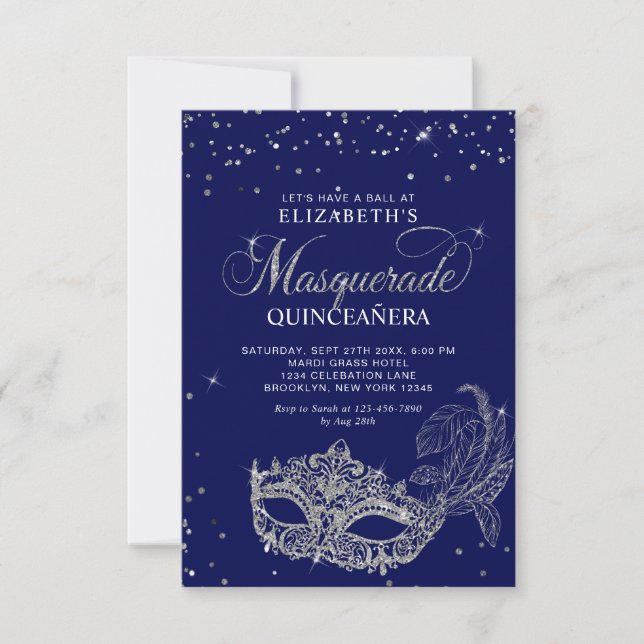 Cartão De Notas MASCARADA de Silver Azul Elegante Quinceañera (Frente)