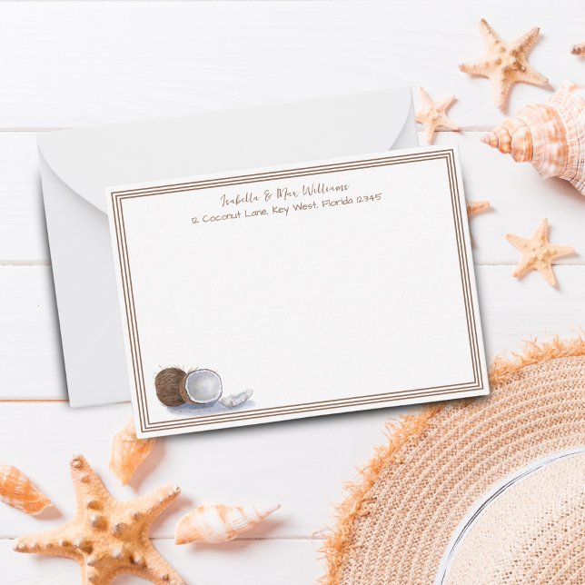 Cartão De Notas Material Personalizado de Coisas de Aquarela (Personalize your messages with this charming watercolor coconuts stationery note card.)
