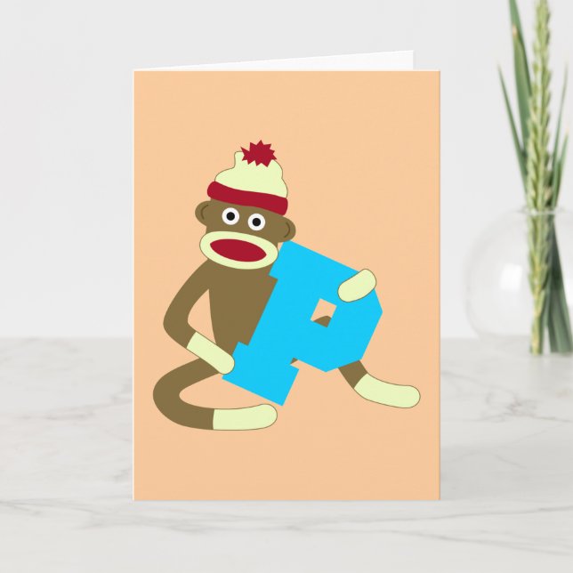 Cartão De Notas Menino P do monograma do macaco da peúga (Frente)