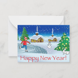 Cartão De Notas menino patinando na véspera de Ano Novo. Feliz Nat