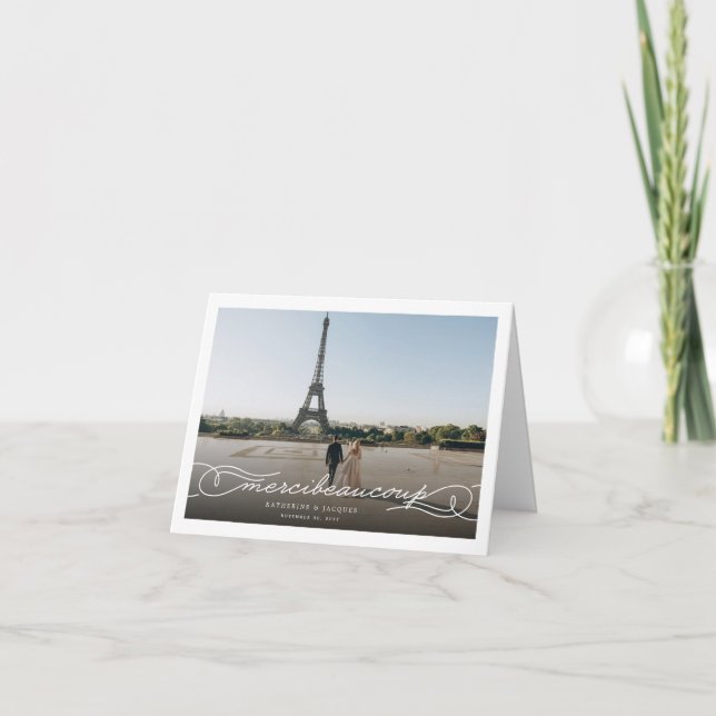 Cartão De Notas Merci Beaucoup Chic Script Foto Casamento Obrigado (Frente)
