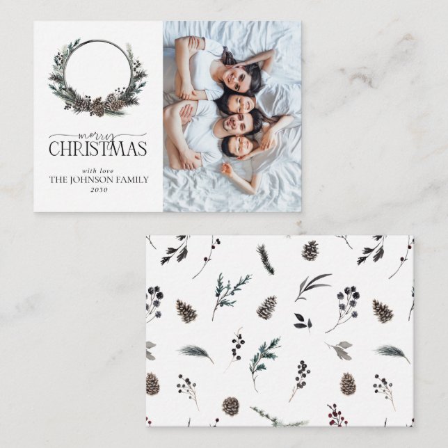 Cartão De Notas Mini Black Winter Wreath Feliz Foto de Natal (Frente/Verso)