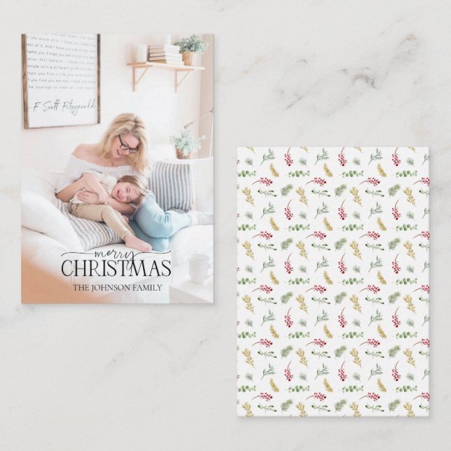 Cartão De Notas Mini Dourado Winter Greenery Feliz Foto de Natal (Frente/Verso)