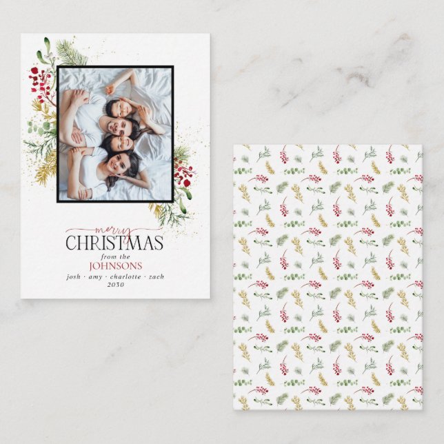 Cartão De Notas Mini Dourado Winter Greenery Feliz Foto de Natal (Frente/Verso)