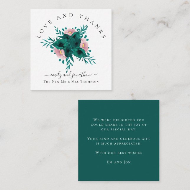 Cartão De Notas Mini Florals Emerald Pink Obrigado Casamento (Frente/Verso)
