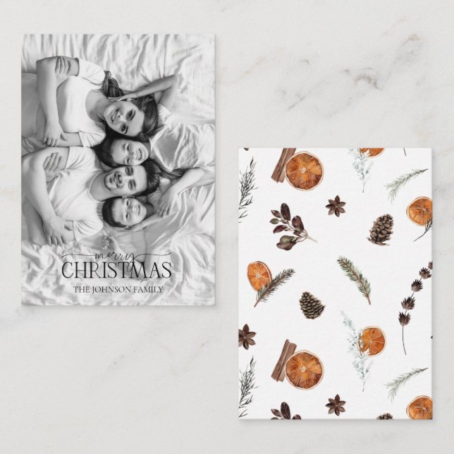 Cartão De Notas Mini Laranja Feliz Natal - Foto Preta e Branca (Frente/Verso)