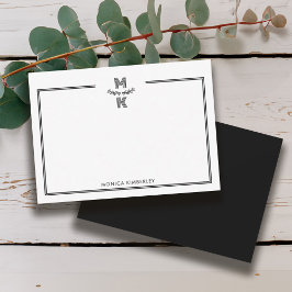 Cartão De Notas Minimalist Black Two Border Monogram Note Card