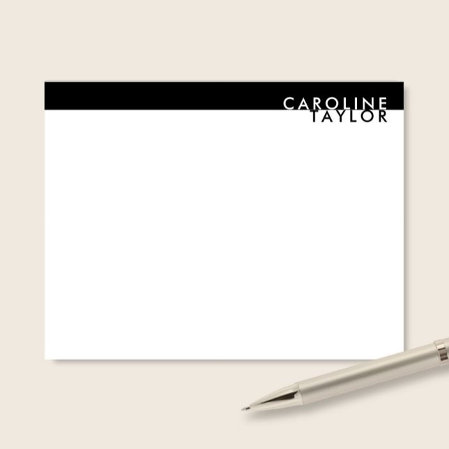 Cartão De Notas Minimalist Black & White Custom Name Stationery (Criador carregado)