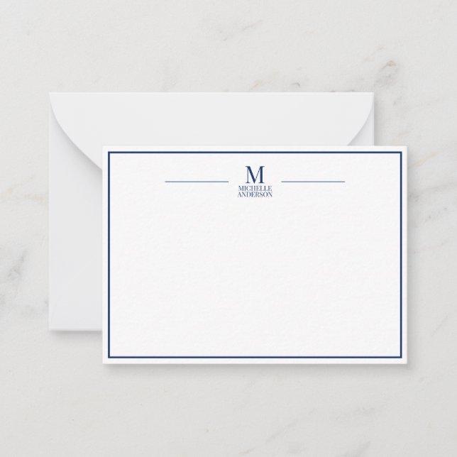 Cartão De Notas Minimalist Monogram Name Boarder Navy & White (Frente)