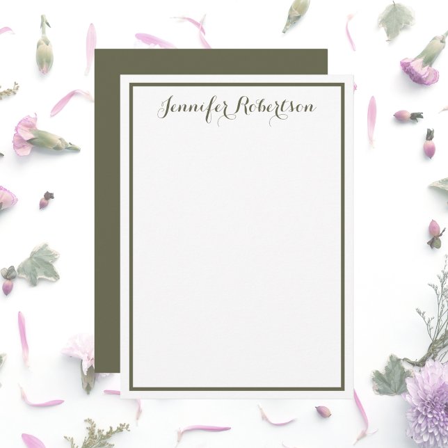 Cartão De Notas Minimalist Olive Green Elegant Script Custom name  (Criador carregado)