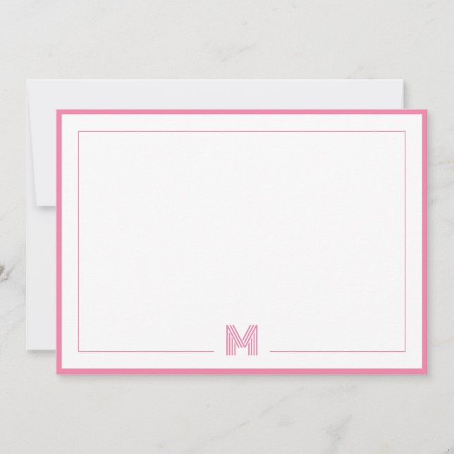 Cartão De Notas Minimalist Pink Monogram Double Border Stationery (Frente)