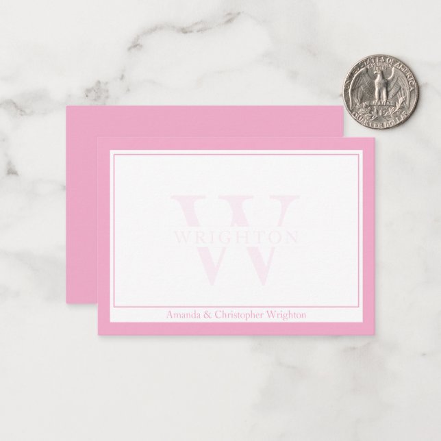 Cartão De Notas Minimalist Pink Two Border Monogram Couple (Frente/Verso In Situ)