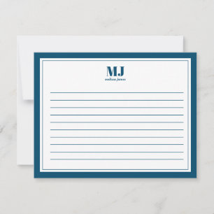 Cartão De Notas Mínimo de borda azul Elegante Monograma