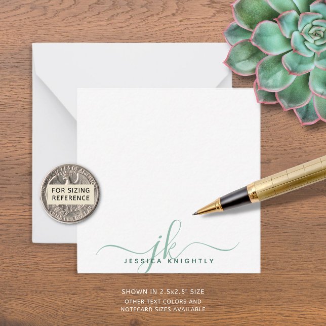 Cartão De Notas Mínimo de Iniciais de Monograma de Script Verde Mo (Criador carregado)