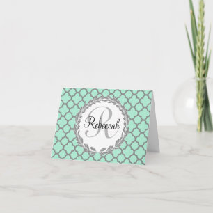 Cartão De Notas Mint Green Gray Quatrefoil Name Monogram