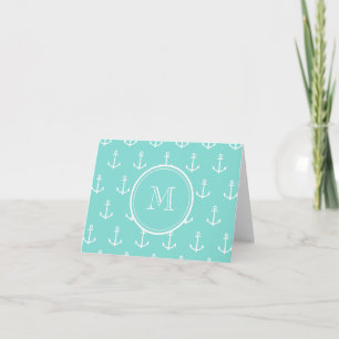 Cartão De Notas Mint Green White Anchors Pattern, Your Monogram