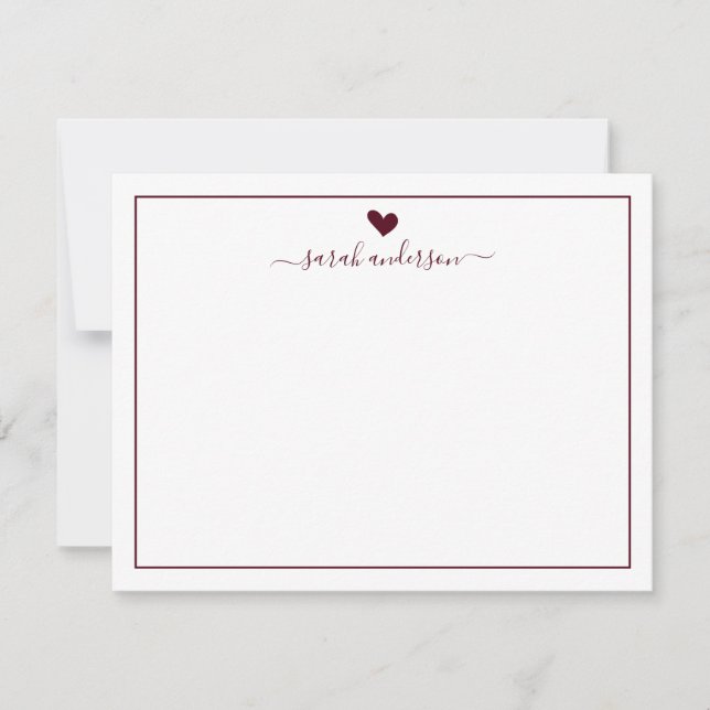 Cartão De Notas Modern Calligraphy Burgundy Heart Personalized (Frente)