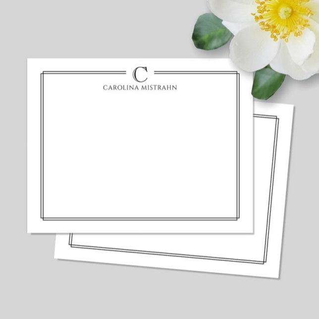 Cartão De Notas Modern Initial Black and White Border Stationery (Criador carregado)