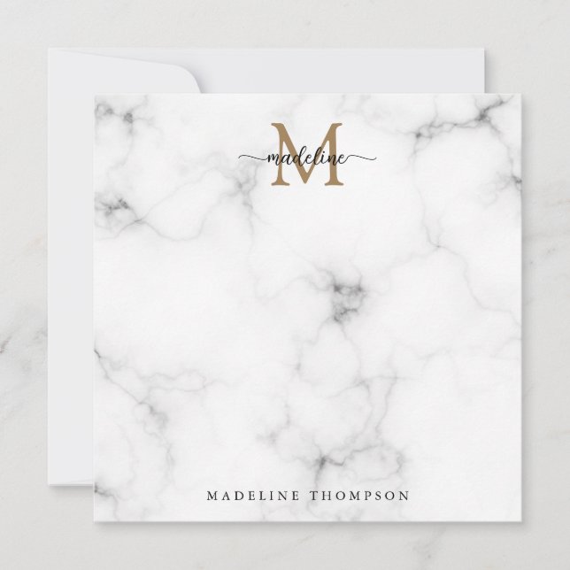 Cartão De Notas Modern Marble Gold Girly Script Monogram Square (Frente)