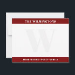 Cartão De Notas Modern Monogram Family Names Dark Red Stationery<br><div class="desc">This design features space for names in the bold bands at the top and bottom with a faded monogram in the background. Click the customize button if you would like to adjust the design elements and/or further modify the text! Variations of this design, additional colors, as well as coordinating products...</div>