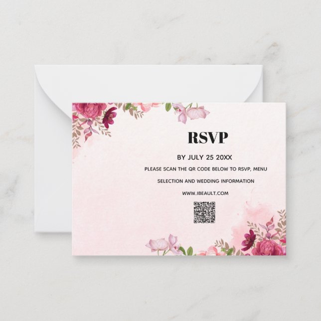 Cartão De Notas Modern Pink Floral QR Code Wedding RSVP Card (Frente)