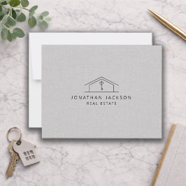 Cartão De Notas Modern Realtor Home Logo Gray Faux Linen
